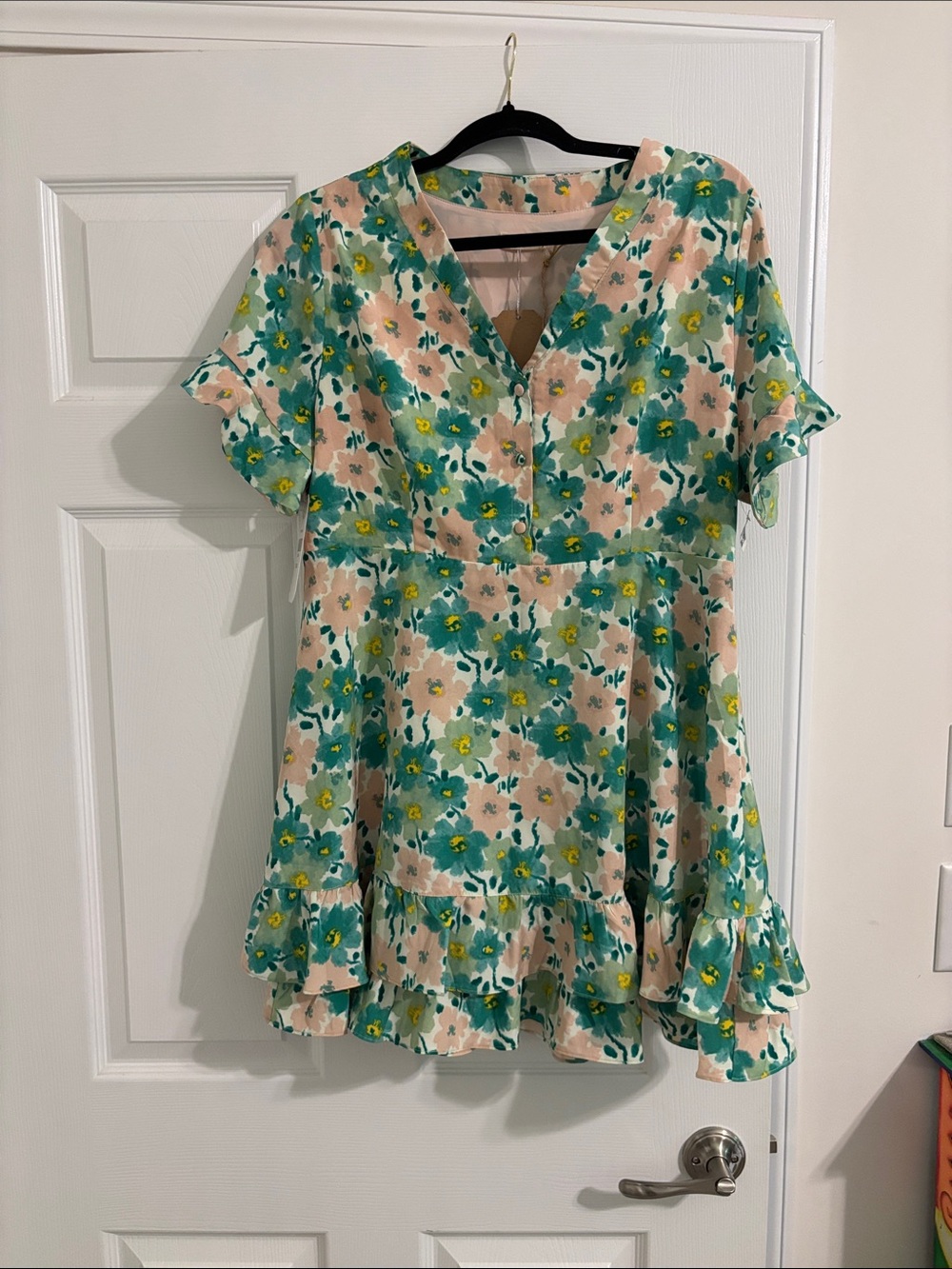 Floral Ruffle Hem Pink and Teal Dress